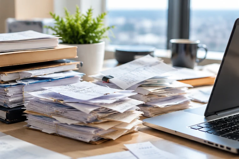 Photorealistic illustration of catch-up bookkeeping in a professional setting