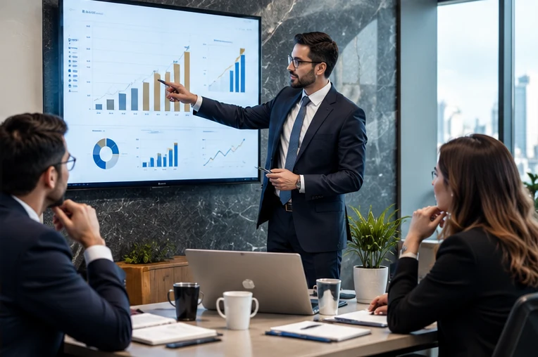 Photorealistic illustration of fractional cfo & advisory in a professional setting