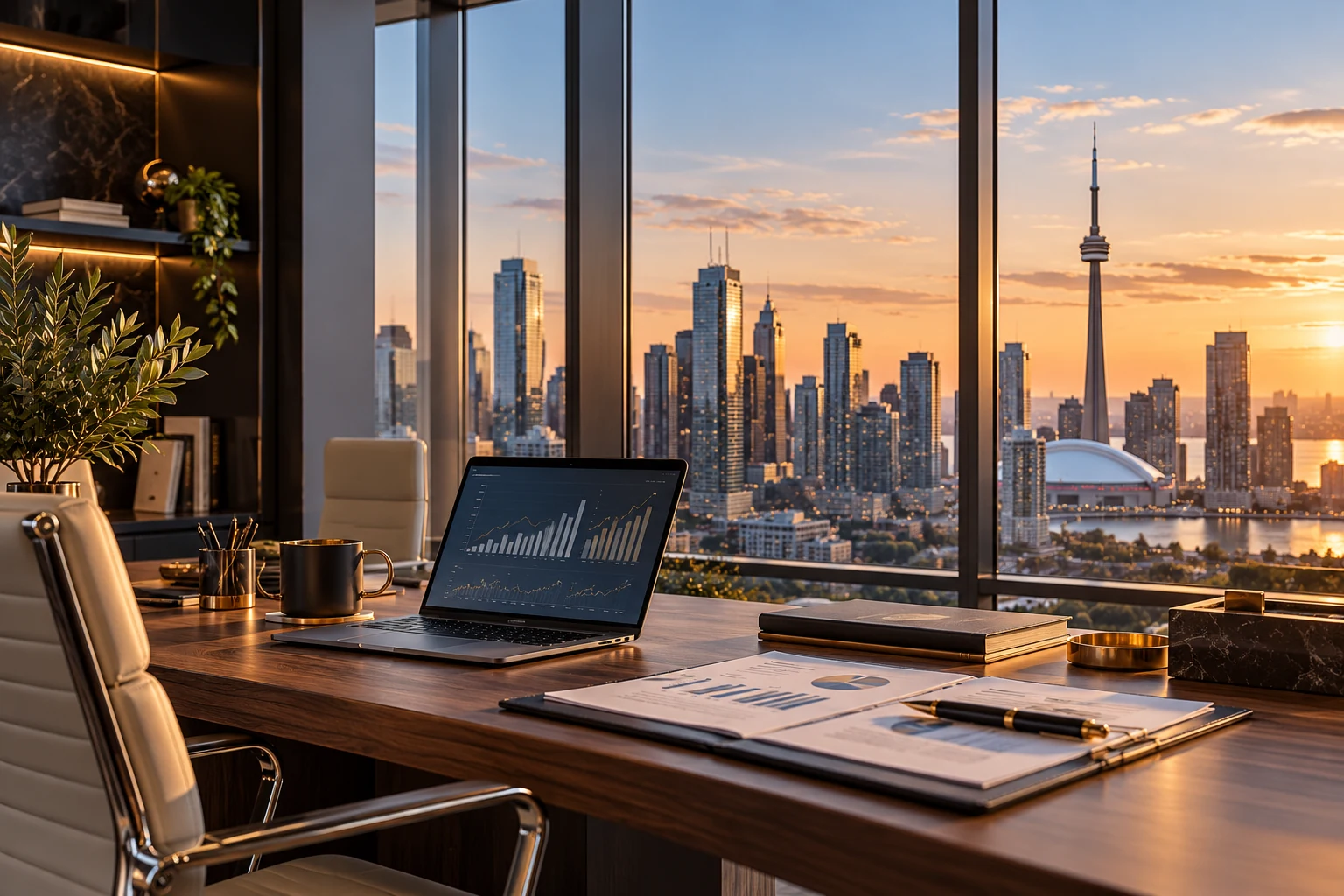 Modern accounting workspace overlooking the city, illustrative image