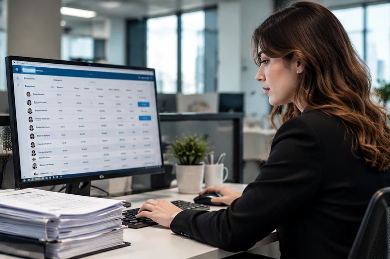 Photorealistic illustration of payroll management in a professional setting