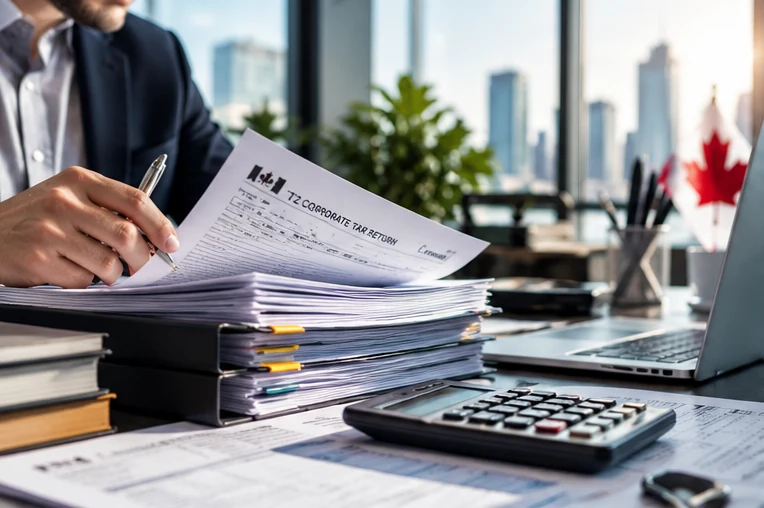 Photorealistic illustration of tax compliance & advisory in a professional setting